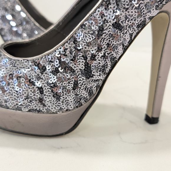 Silver sequin platform high heel pumps womens 7.5 glitter sparkly party Shoes - Picture 8 of 14